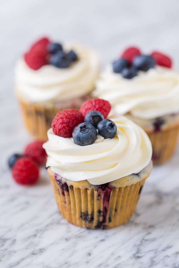 These Red, White and Blueberry Cupcakes are light, fluffy, and so festive! Perfect for patriotic holidays like Memorial Day, the Fourth of July and Labor Day!