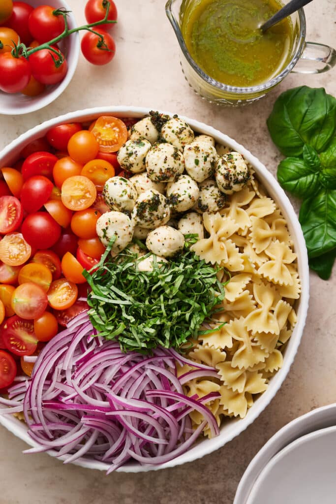 Salad Ingredients for Italian pasta salad in a large bowl.