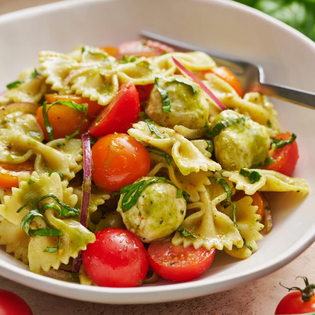 Small bowl of pasta salad.