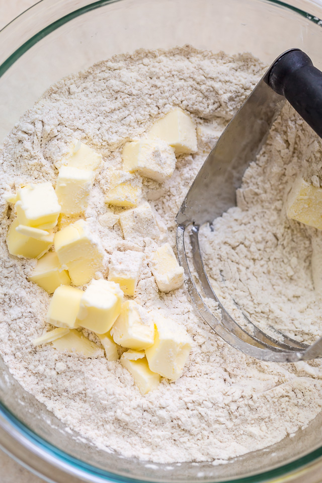 Making the scone dough with cold butter and a pastry cutter.