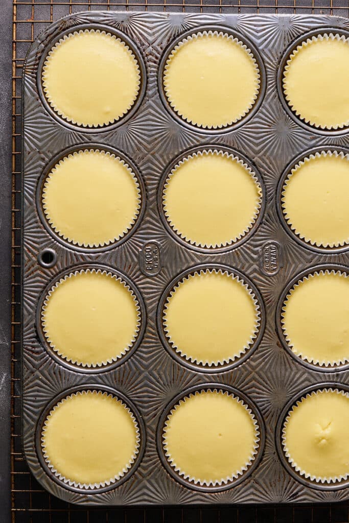 Baked mini cheesecakes in a muffin pan.
