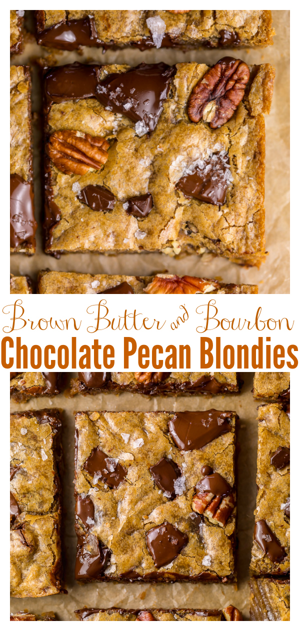 Brown Butter Bourbon Pecan Chocolate Chunk Blondies are chewy, crunchy, and loaded with gooey pockets of chocolate! The bourbon gives them a subtle kick without being overpowering! This easy and crowd-pleasing dessert recipe is perfect for holiday parties! And don't worry about the bourbon getting you tipsy... it's only a small amount and cooks out during the baking process.