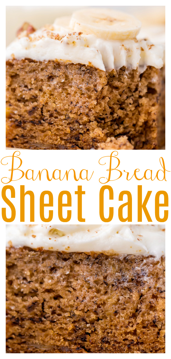 Do you have a ton of overly ripe bananas? And do you want to bake something with them other than banana bread? Then bust out your sheet pan and try this simple banana sheet cake recipe! Loaded with banana flavor and topped with tangy cream cheese frosting! Our family absolutely loved this banana cake recipe!