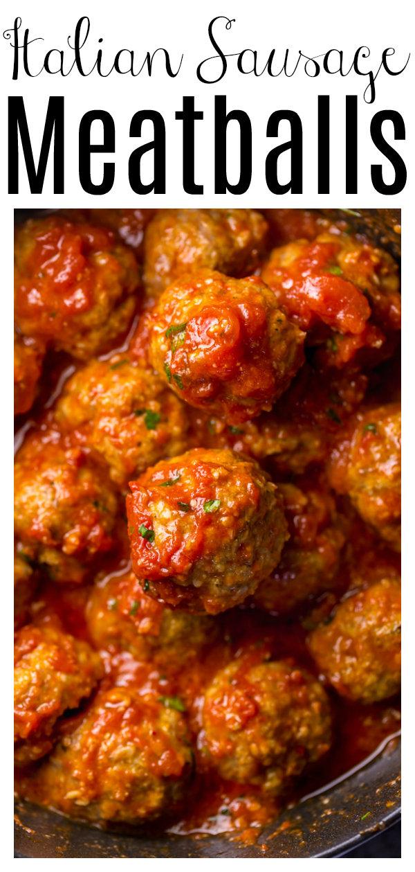 These Easy Italian Sausage Meatballs are juicy and so flavorful! This is a great recipe for serving a crowd! Simply roll, bake, and serve with your favorite sauce! These homemade meatballs are delicious on rolls, salads, or toss with pasta for classic spaghetti and meatballs!