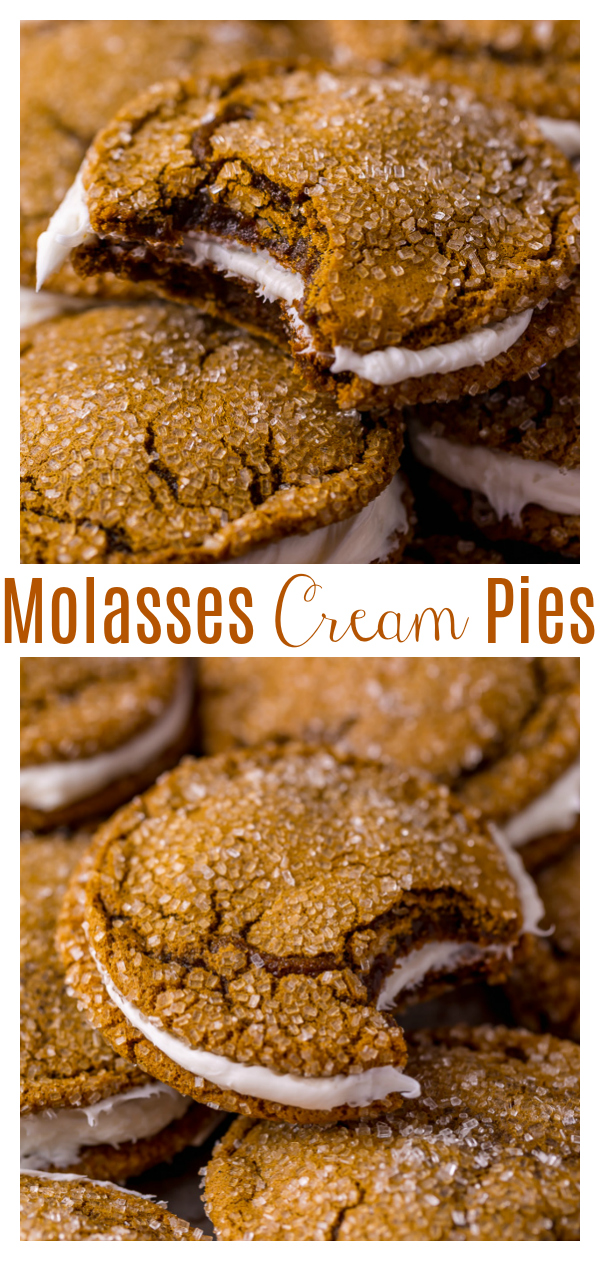 The only thing better than oatmeal cream pies? Molasses Cream Pie Cookies! The cookies are chewy, spicy, and stuffed with fluffy white chocolate buttercream! So much better than marshmallow fluff!