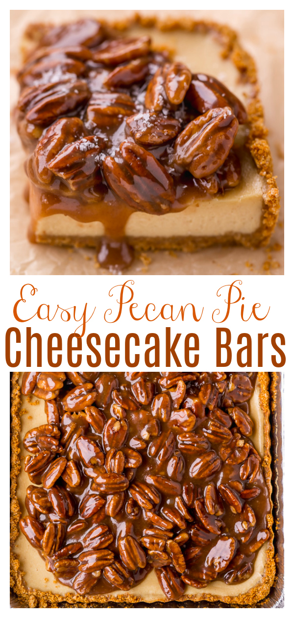 The only thing better than Pecan Pie Cheesecake? Easy Pecan Pie Cheesecake Bars! Featuring a crunchy graham cracker crust, creamy cheesecake filling, and pecan pie filling on top, this dessert recipe is a total showstopper. Perfect for Thanksgiving or Christmas!