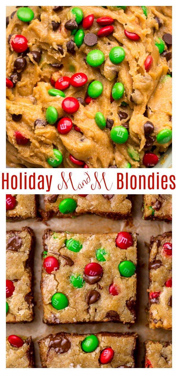 These Super Easy Holiday M&M Blondies are soft, chewy, and so festive! Ready in about 30 minutes, they're a quick and crowd-pleasing dessert option! Perfect for cookie swaps, holiday parties, potlucks, and beyond!