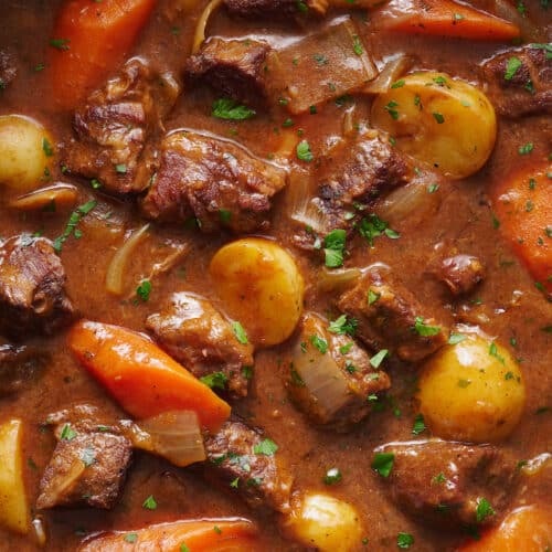 Dutch oven with Guinness beef stew inside.