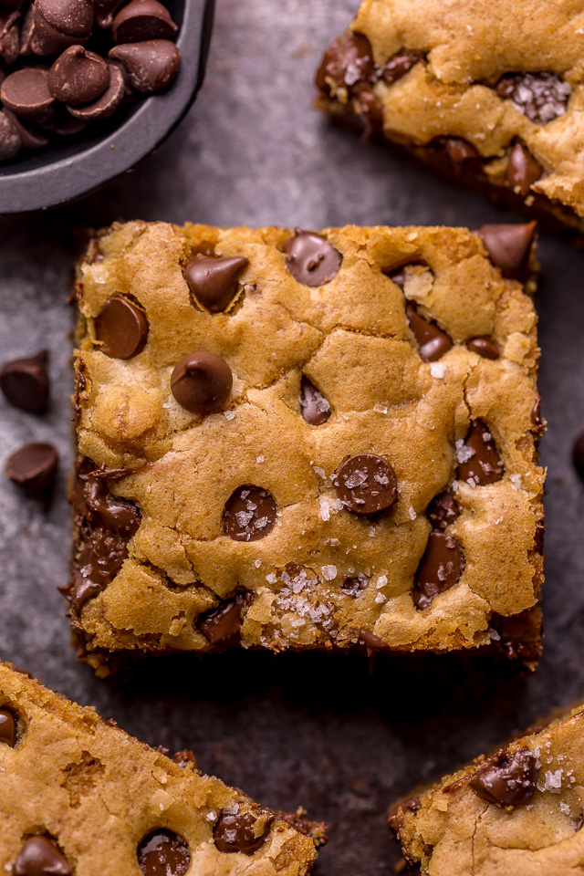 Easy Chocolate Chip Cookie Bars are thick, chewy, and basically foolproof! A great bar recipe that bakes up in less than 30 minutes! If you're serving a crowd, simply double the recipe and bake it in a 9 x 13 pan!