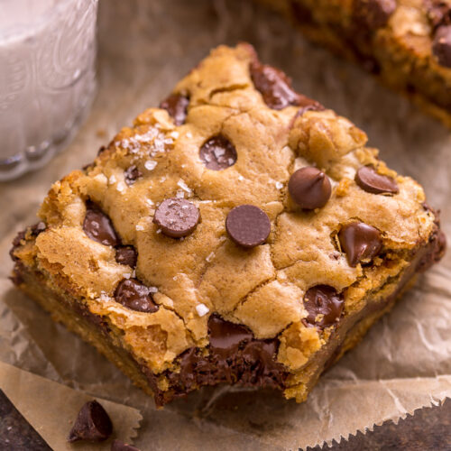 Easy Chocolate Chip Cookie Bars are thick, chewy, and basically foolproof! A great bar recipe that bakes up in less than 30 minutes! If you're serving a crowd, simply double the recipe and bake it in a 9 x 13 pan!