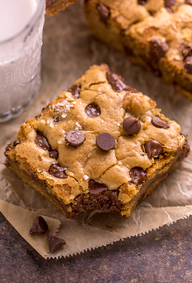 Easy Chocolate Chip Cookie Bars are thick, chewy, and basically foolproof! A great bar recipe that bakes up in less than 30 minutes! If you're serving a crowd, simply double the recipe and bake it in a 9 x 13 pan!