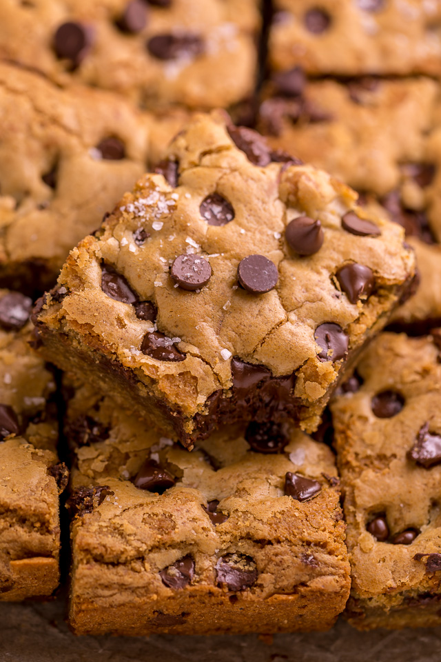 Easy Chocolate Chip Cookie Bars are thick, chewy, and basically foolproof! A great bar recipe that bakes up in less than 30 minutes! If you're serving a crowd, simply double the recipe and bake it in a 9 x 13 pan!