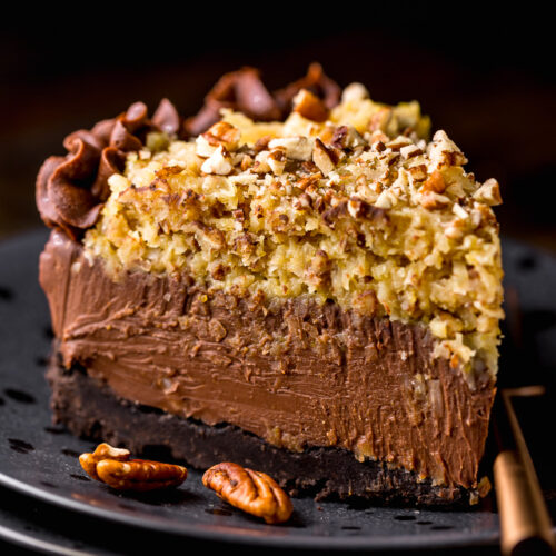 This No-Bake German Chocolate Cheesecake is insanely decadent and such a treat! Featuring a crunchy Oreo cookie crust, creamy chocolate cheesecake filling, and coconut and pecan topping... it's a total showstopper! Bonus: You can make this up to 4 days in advance!