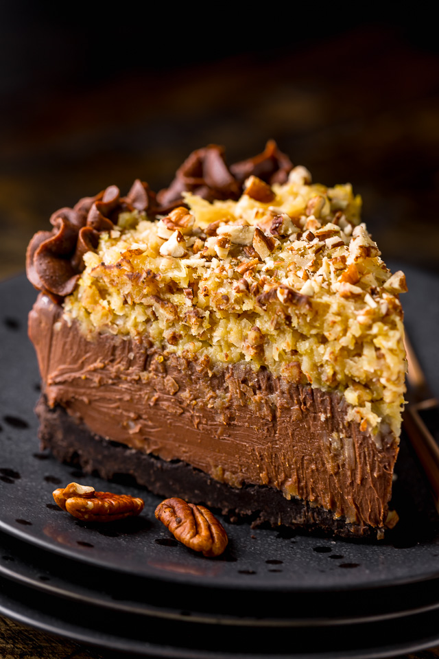 This No-Bake German Chocolate Cheesecake is insanely decadent and such a treat! Featuring a crunchy Oreo cookie crust, creamy chocolate cheesecake filling, and coconut and pecan topping... it's a total showstopper! Bonus: You can make this up to 4 days in advance!