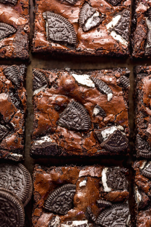 Oreo Brownies are so easy and a MILLION times more delicious than boxed brownie mix! Loaded with rich chocolate flavor, chocolate chips, and plenty of crushed Oreo cookies! Preheat your oven to 350 and bake these brownies today!