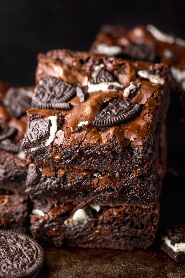 Oreo Brownies are so easy and a MILLION times more delicious than boxed brownie mix! Loaded with rich chocolate flavor, chocolate chips, and plenty of crushed Oreo cookies! Preheat your oven to 350 and bake these brownies today!