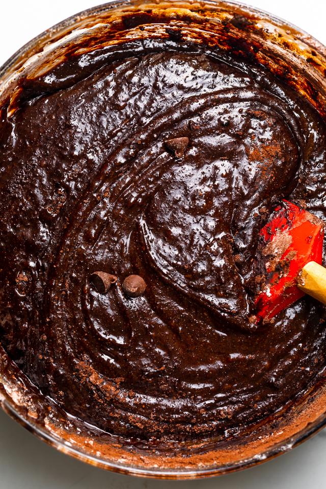 Brownie batter in a mixing bowl for homemade brownies recipe.