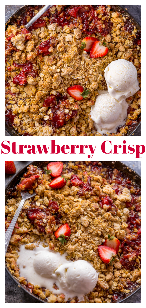 This Easy Strawberry Crisp is the perfect Summer dessert! Featuring plenty of juicy strawberries and a golden brown oatmeal crisp topping, it's best served warm... with a big scoop of vanilla ice cream on top! Can be made with fresh or frozen strawberries!