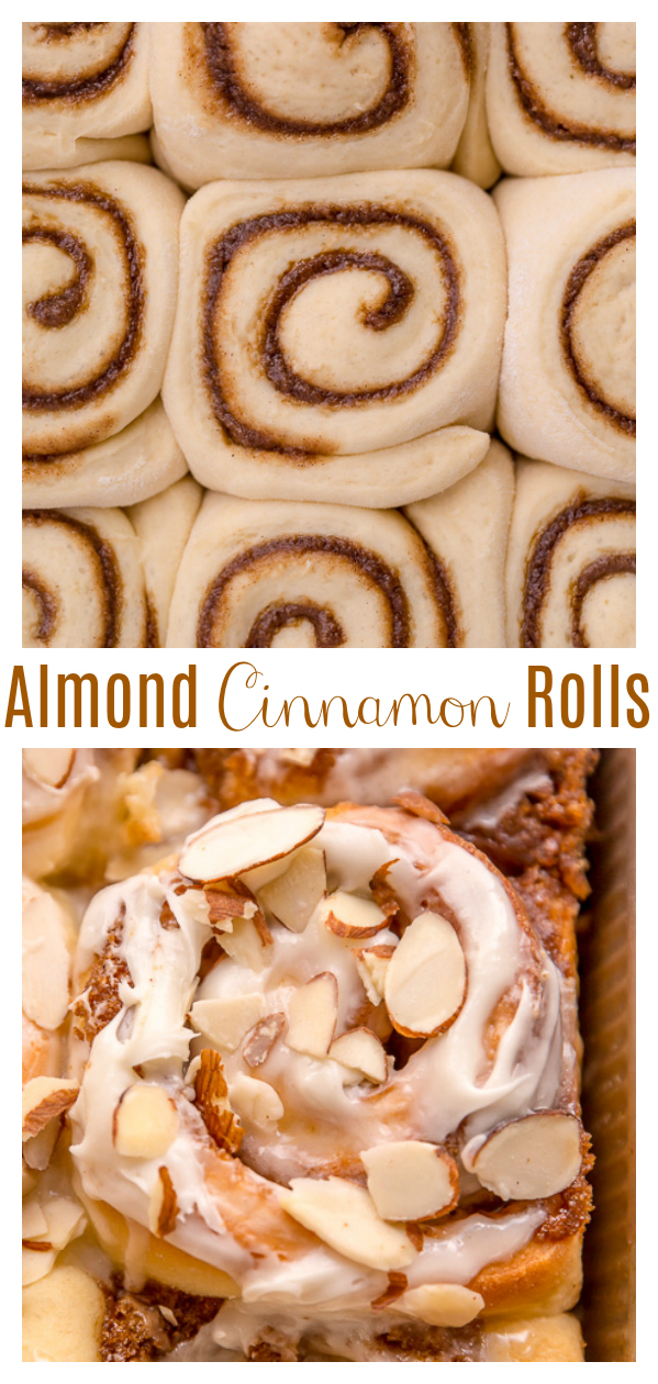 Triple Almond Cinnamon Rolls are the ultimate breakfast treat! This indulgent recipe features soft and fluffy yeasted buns that are filled with brown sugar cinnamon filling and topped with a sticky sweet glaze and slivered almonds! This homemade almond cinnamon roll recipe is a MUST for all of the almond lovers out there!