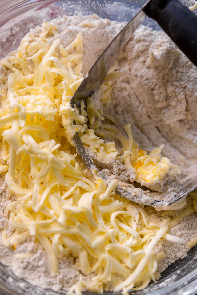 Cold butter grated into scone dough.