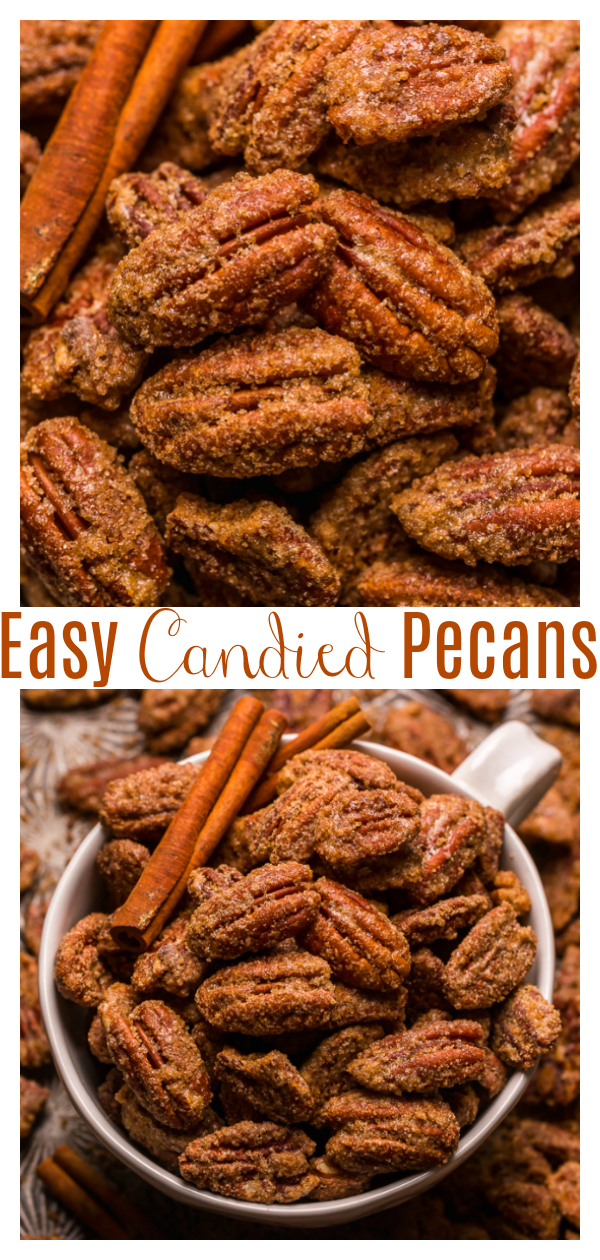 These EASY Candied Pecans are sweet, crunchy, and borderline addictive! Made with simple ingredients, these candied nuts are delicious on salads, ice cream, yogurt, casseroles, or just by the handful! Store in an airtight container and they'll last up to two weeks!