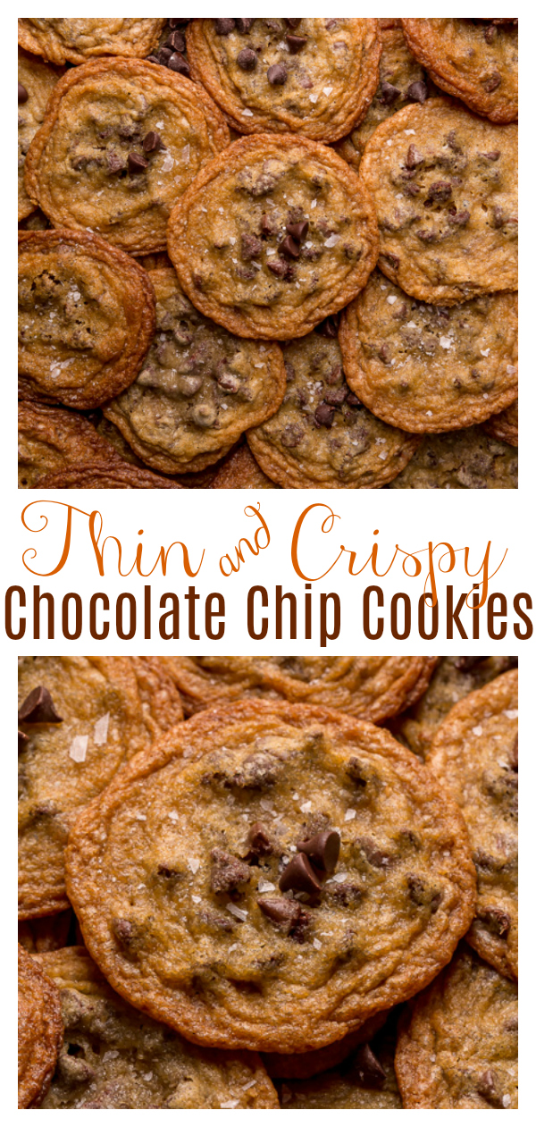 Bust out your cookie sheet, because these thin crispy chocolate chip cookies are a must bake! These cookies bake up golden brown and smell like heaven! Super thin and delightfully crisp, these are one of our favorite chocolate chip cookie recipes!