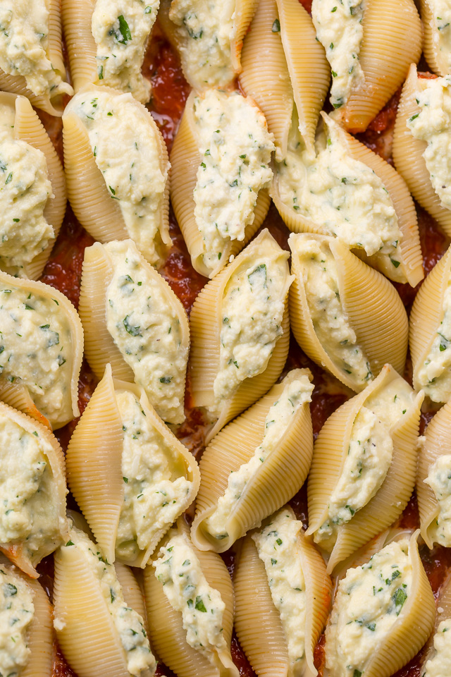 Jumbo pasta shells stuffed with ricotta cheese mixture.