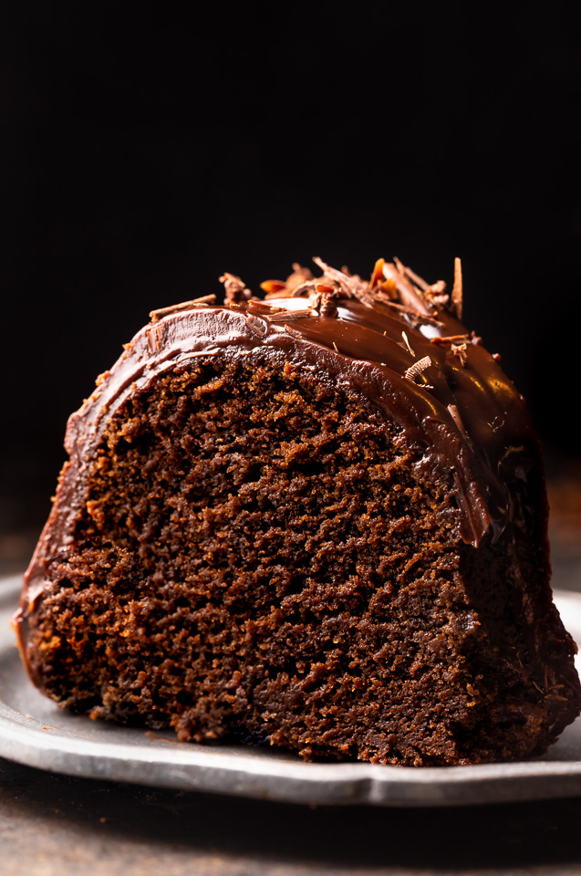 Slice of chocolate bundt cake on a plate.