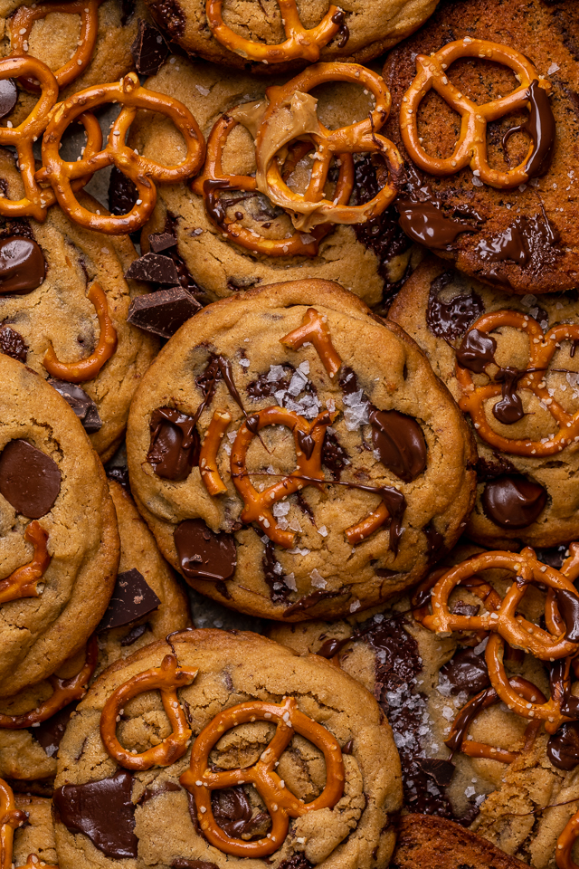 Salted Pretzel Peanut Butter Bourbon Chocolate Chip Cookies