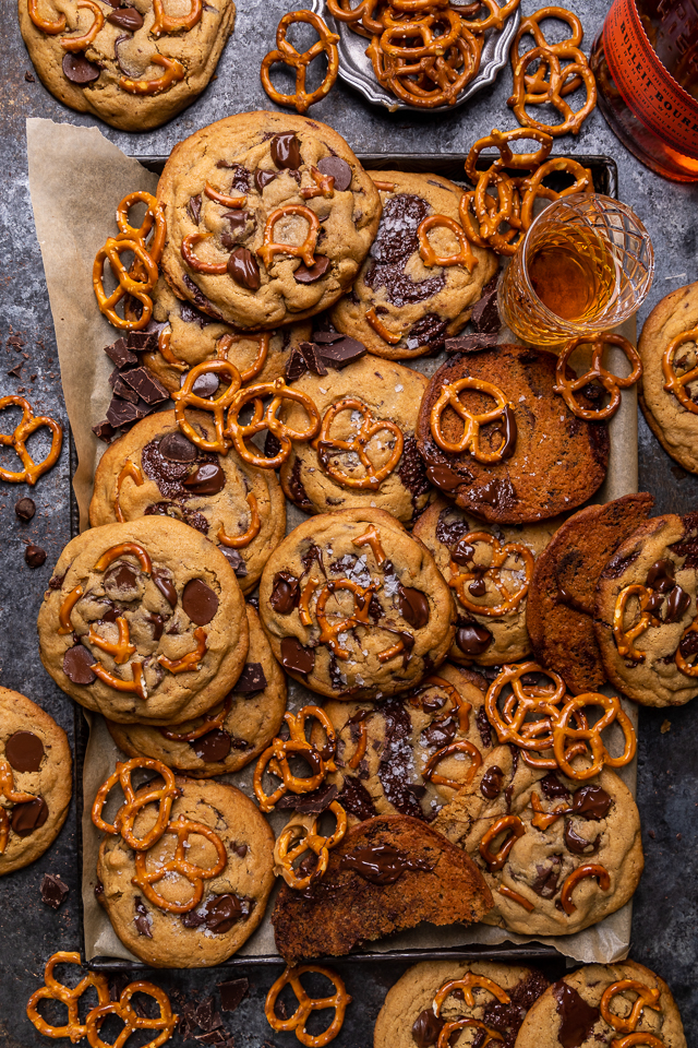 Salted Pretzel Peanut Butter Bourbon Chocolate Chip Cookies