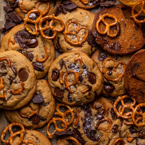Salted Pretzel Peanut Butter Bourbon Chocolate Chip Cookies