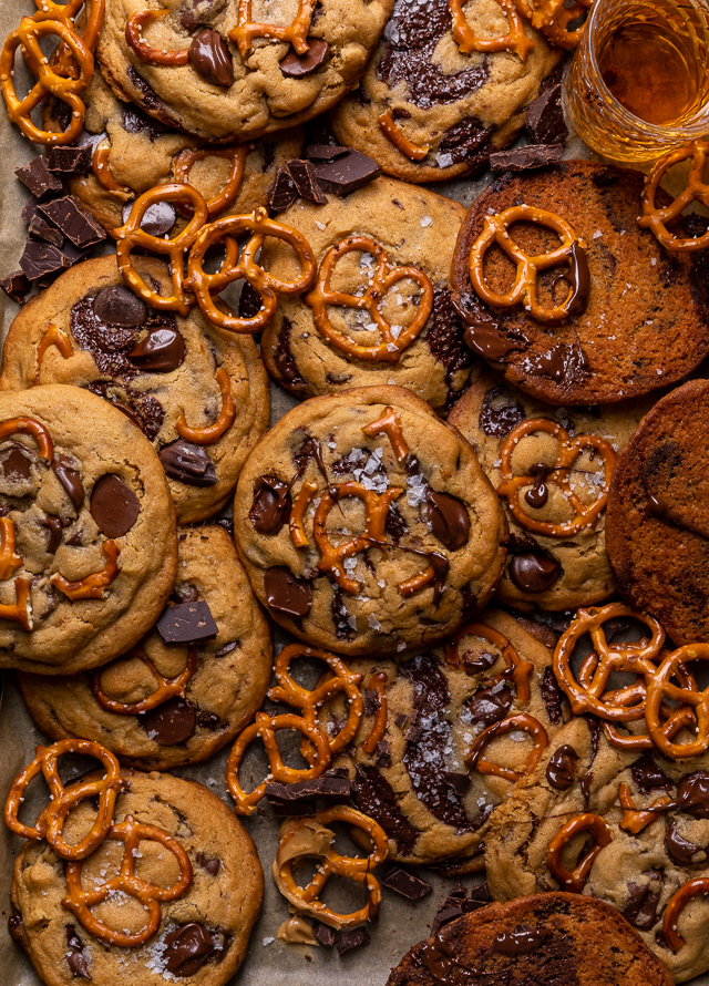 Salted Pretzel Peanut Butter Bourbon Chocolate Chip Cookies