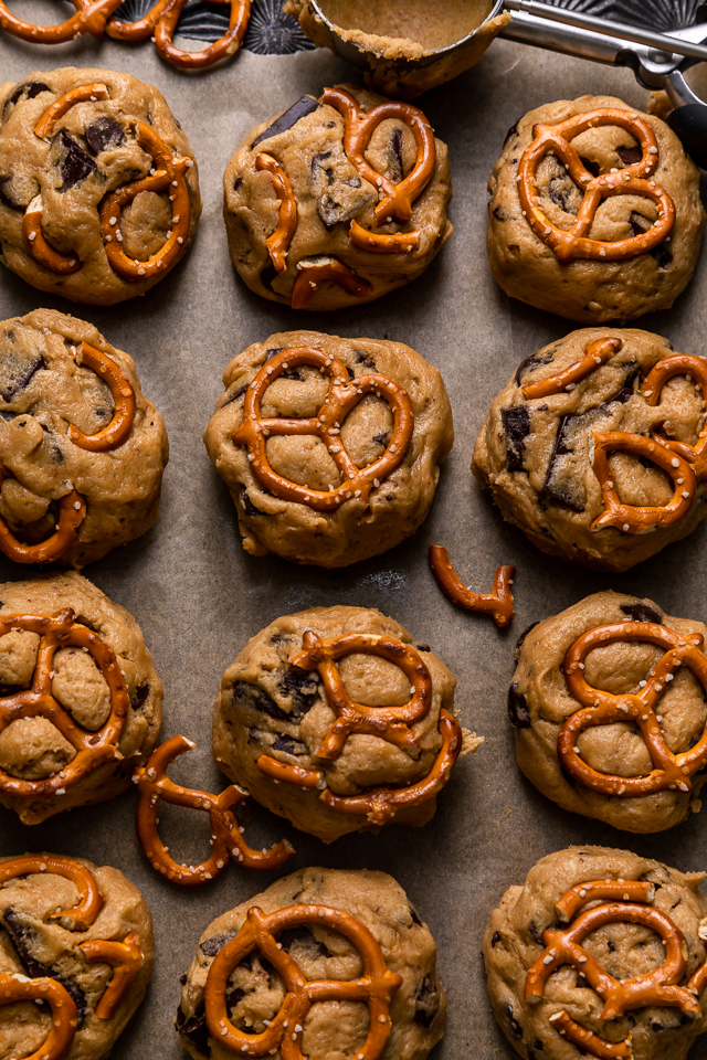 Salted Pretzel Peanut Butter Bourbon Chocolate Chip Cookies