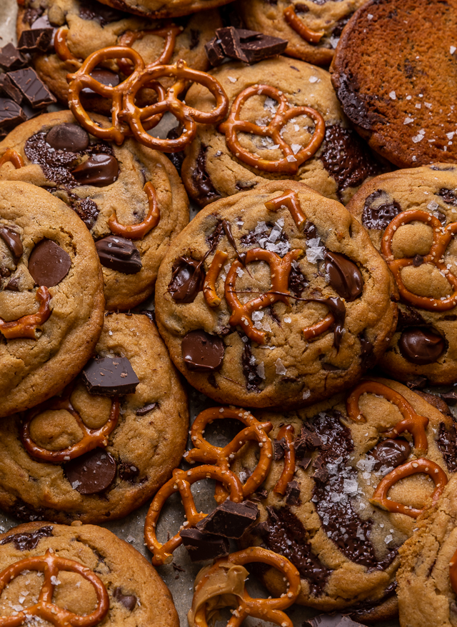 Salted Pretzel Peanut Butter Bourbon Chocolate Chip Cookies