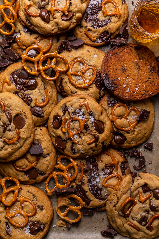 Salted Pretzel Peanut Butter Bourbon Chocolate Chip Cookies