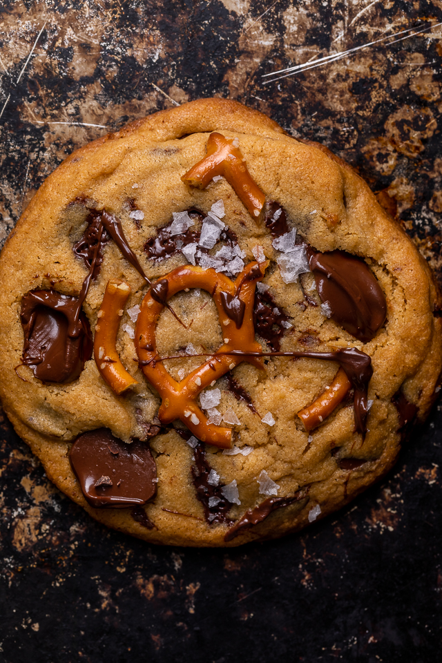 Salted Pretzel Peanut Butter Bourbon Chocolate Chip Cookies