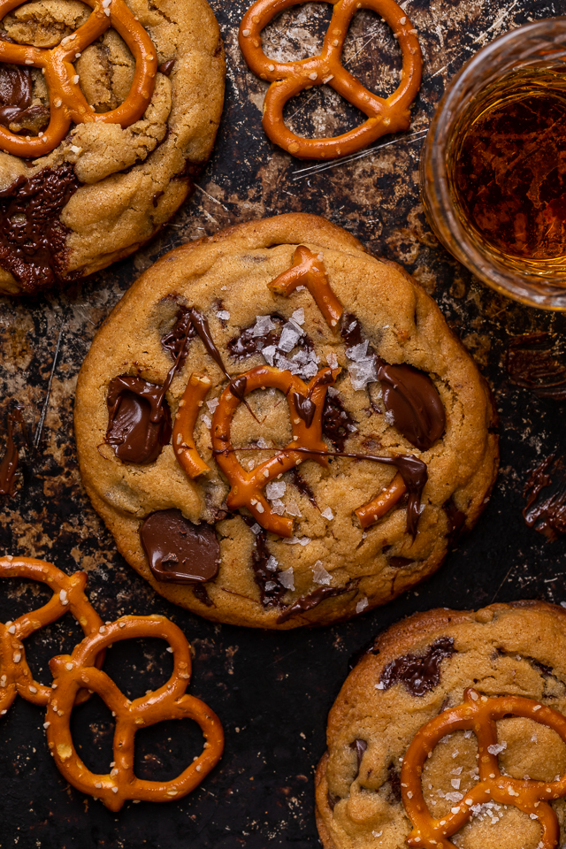 Salted Pretzel Peanut Butter Bourbon Chocolate Chip Cookies