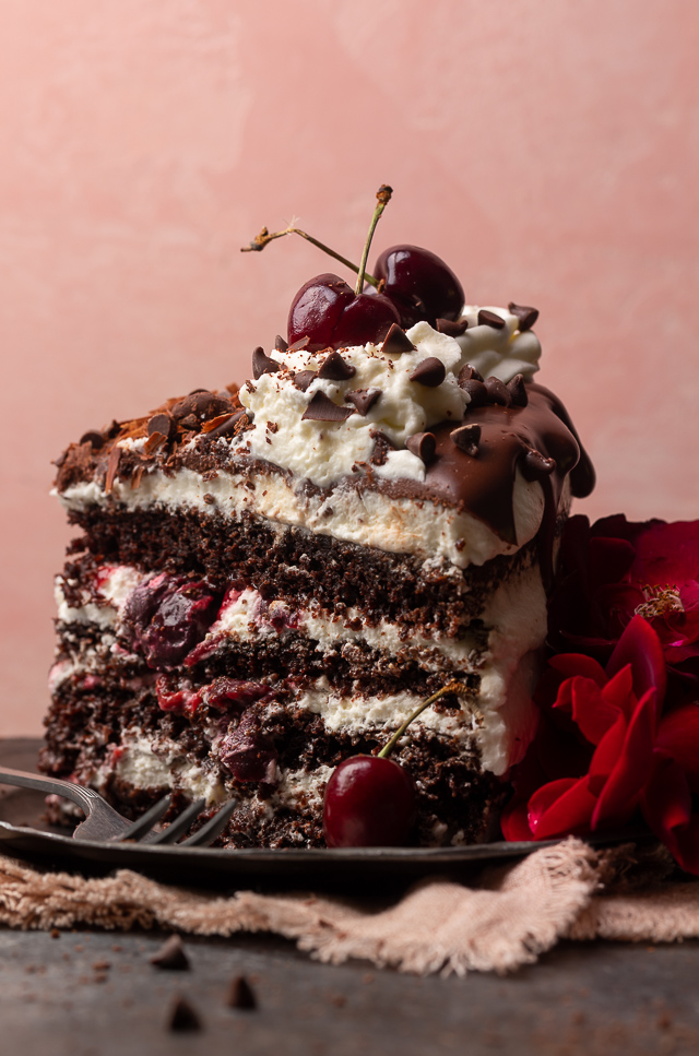 Slice of black forest cake on a plate.