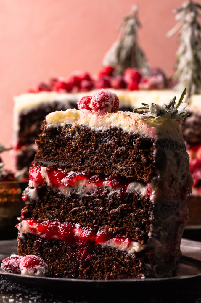 Slice of chocolate Christmas cake on a plate.