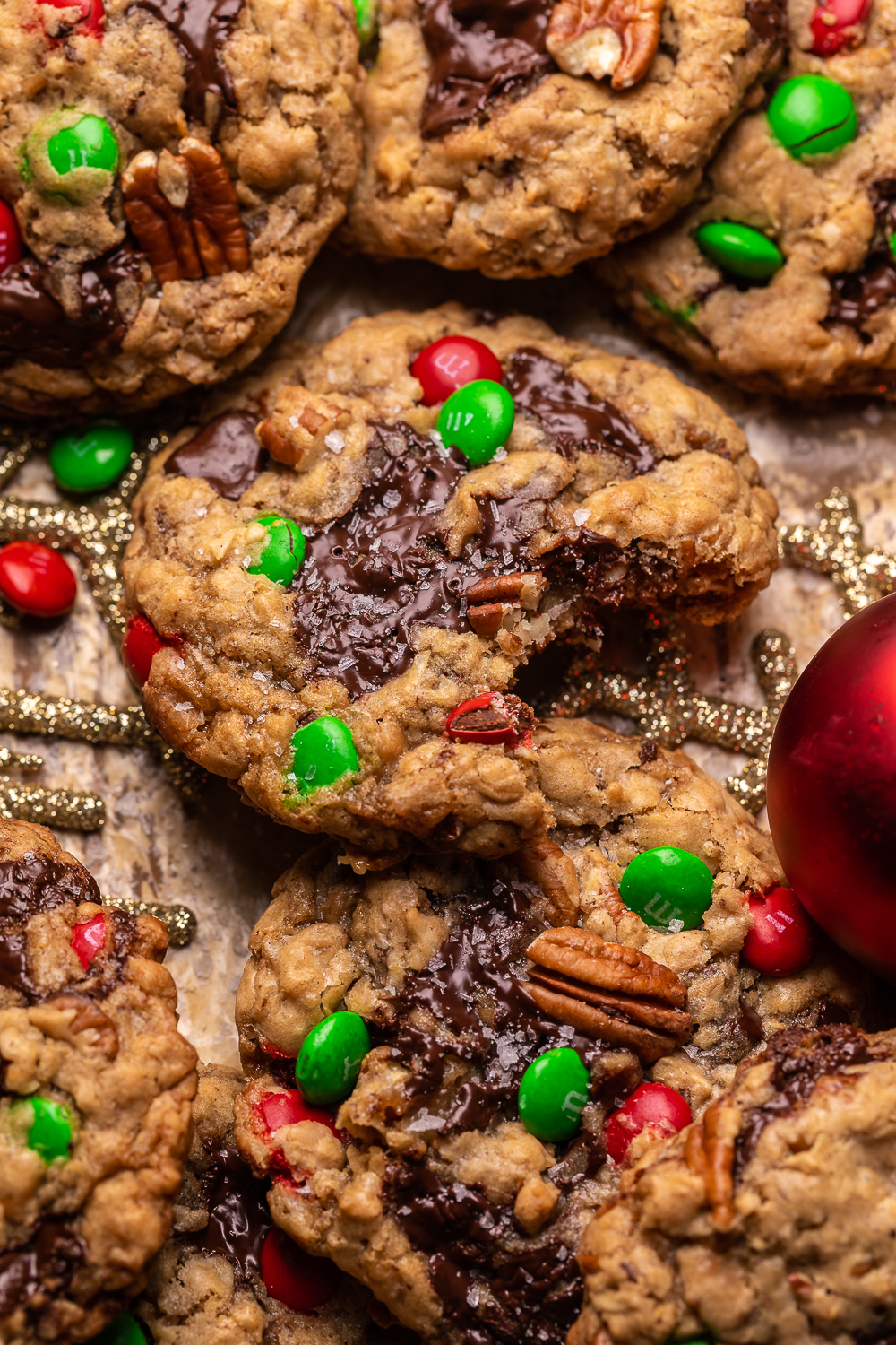 These Special Edition Christmas Cowboy Cookies are loaded with chocolate, pecans, shredded coconut, toffee, and holiday M&Ms!