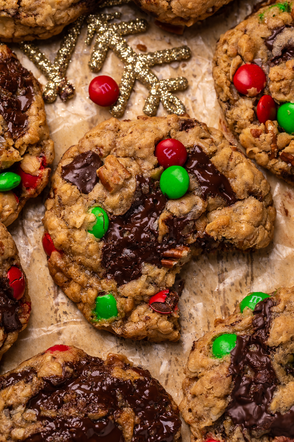 These Special Edition Christmas Cowboy Cookies are loaded with chocolate, pecans, shredded coconut, toffee, and holiday M&Ms!