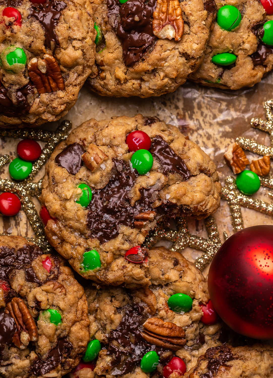 These Special Edition Christmas Cowboy Cookies are loaded with chocolate, pecans, shredded coconut, toffee, and holiday M&Ms!