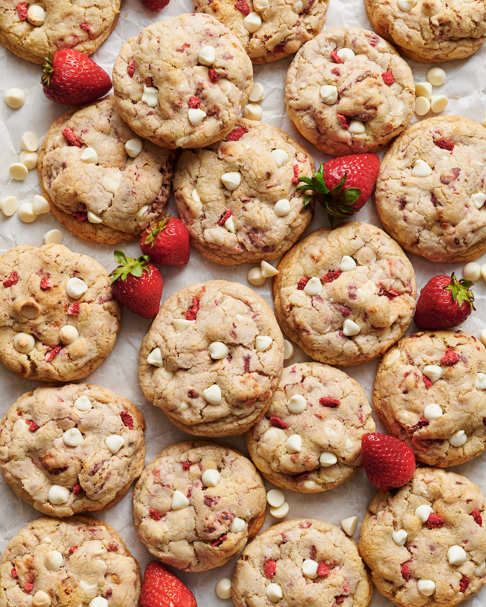 Strawberries and Cream Cookies on a large baking sheet.