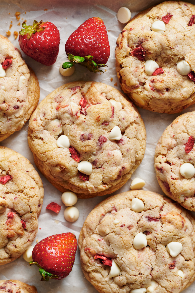 Strawberries and Cream Cookies on a large baking sheet.