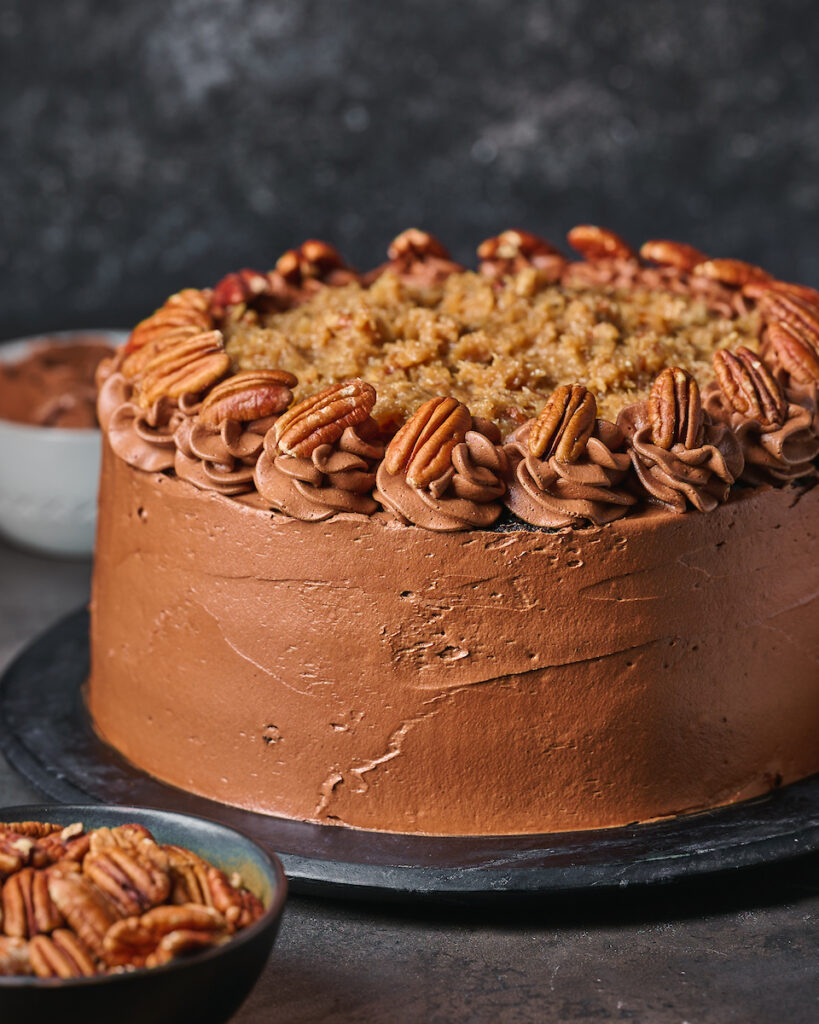 Whole German Chocolate cake with chocolate frosting.