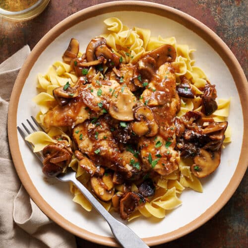 Chicken cutlets covered in creamy marsala sauce.