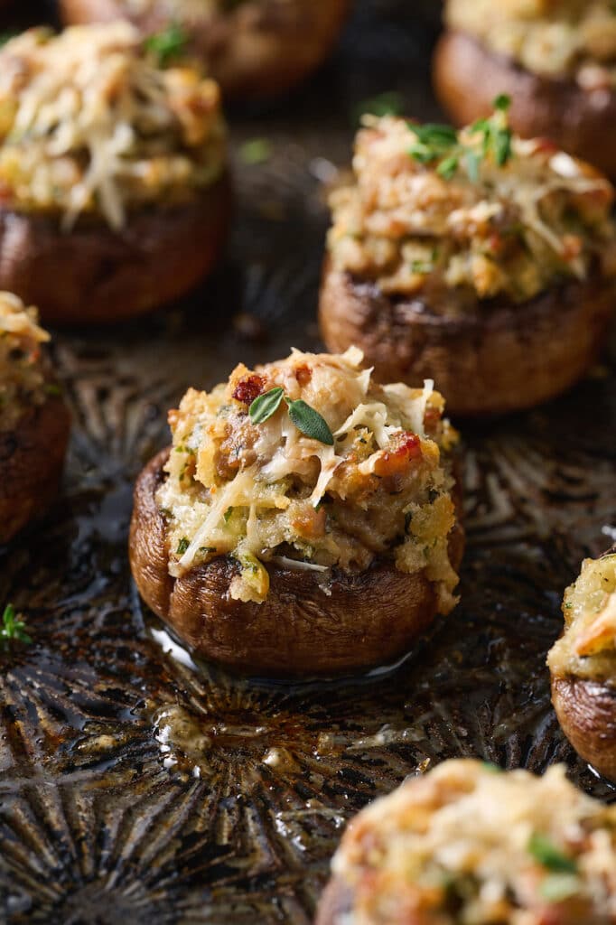 Stuffed mushroom cap filled with cheese filling.
