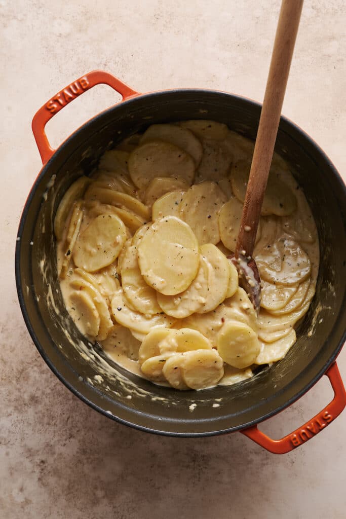 Thinly sliced potatoes for scalloped potatoes recipe.