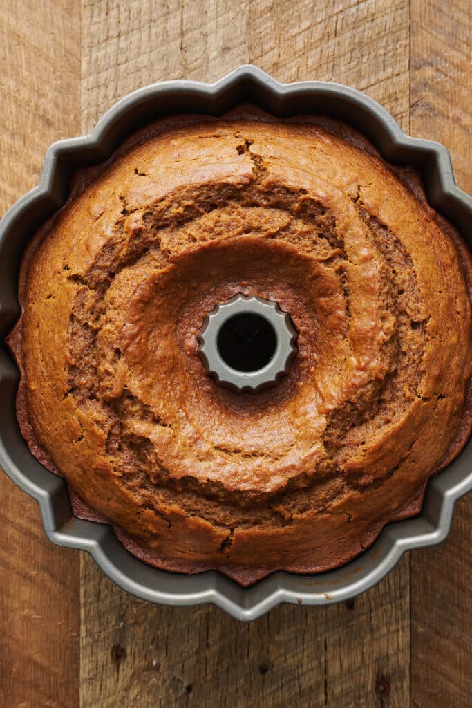 Baked pumpkin Bundt Cake in Bundt Cake pan.
