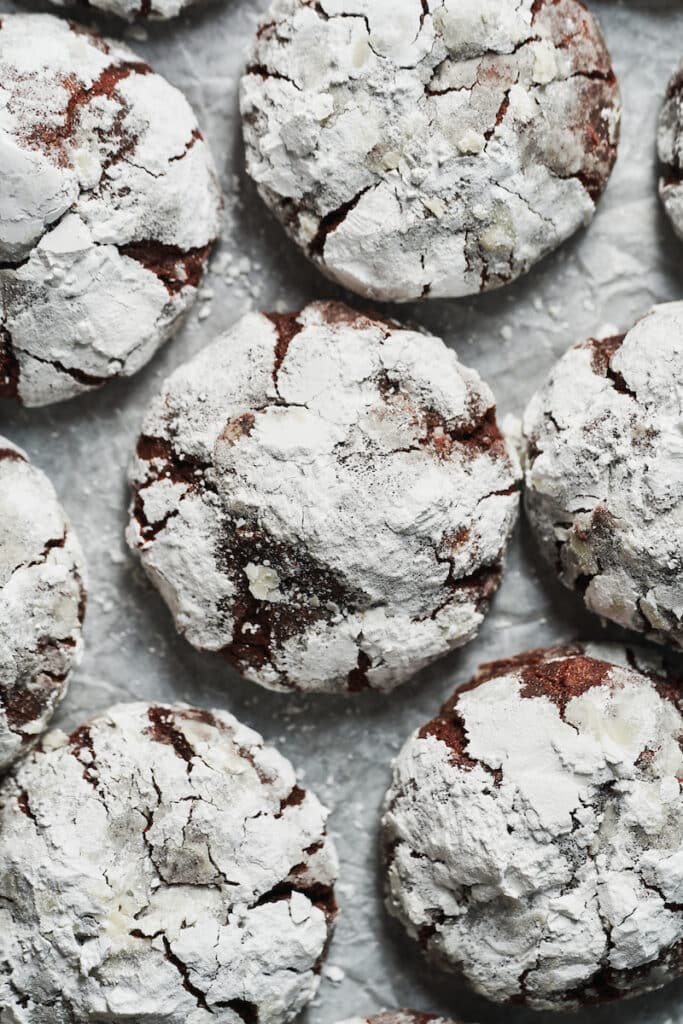Double chocolate cookies coated in powdered sugar coating.